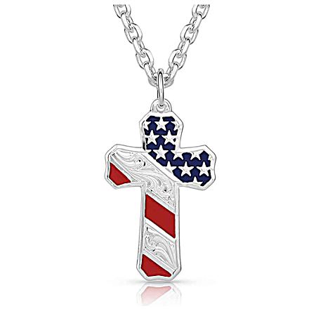 Born In the USA Patriotic Cross Necklace