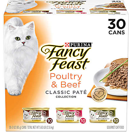 Fancy Feast Adult Poultry & Beef Classic Pate Variety Pack Wet Cat Food - 30 pk