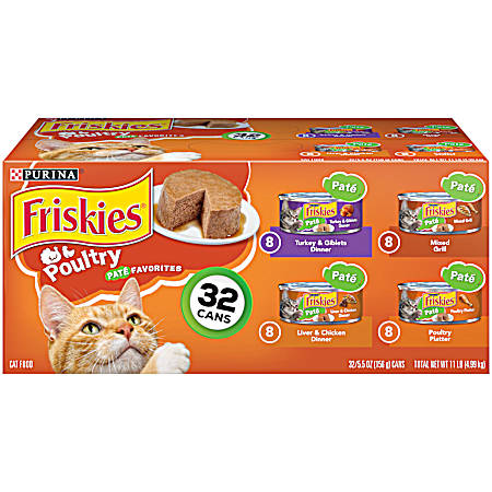 Friskies Adult Poultry Pate Favorites Variety Pack Wet Cat Food - 32 pk
