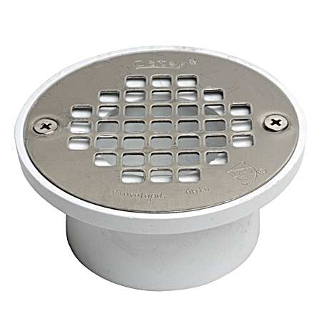 2 in or 3 in White PVC General Purpose Drain w/ 4 in Stainless Steel Screw-Tite Strainer