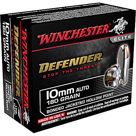 10mm Auto Elite Defender 180 Grain JHP Handgun Cartridges - 20 Rounds