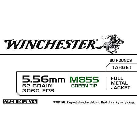 5.56mm USA M855 Green Tip 62 Grain FMJ Rifle Cartridges - 20 Rounds