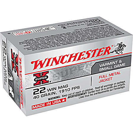 .22 WMR Super-X 40 Grain FMJ Rimfire Cartridges - 50 Rounds