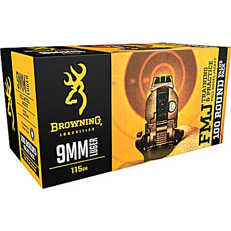 9mm Luger 115 Grain FMJ Handgun Cartridges - 100 Rounds