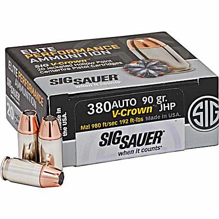 .380 ACP Elite Performance V-Crown Centerfire Pistol Cartridges - 20 Rounds