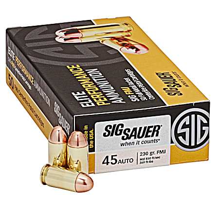 .45 ACP Elite Performance Ball 230 Grain FMJ Centerfire Pistol Cartridges - 50 Rounds