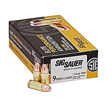 9mm Elite Performance Ball 115 Grain FMJ Centerfire Pistol Cartridges - 50 Rounds