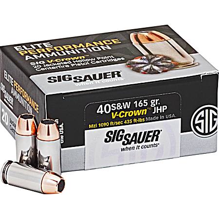 .40 S&W Elite Performance V-Crown 165 Grain JHP Centerfire Pistol Cartridges - 20 Rounds
