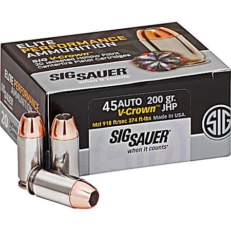 .45 ACP Elite Performance V-Crown 200 Grain JHP Centerfire Pistol Cartridges - 20 Rounds
