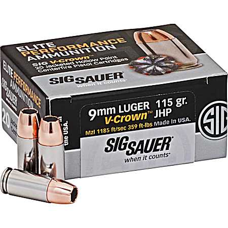 9mm Elite Performance V-Crown 115 Grain JHP Centerfire Pistol Cartridges - 20 Rounds