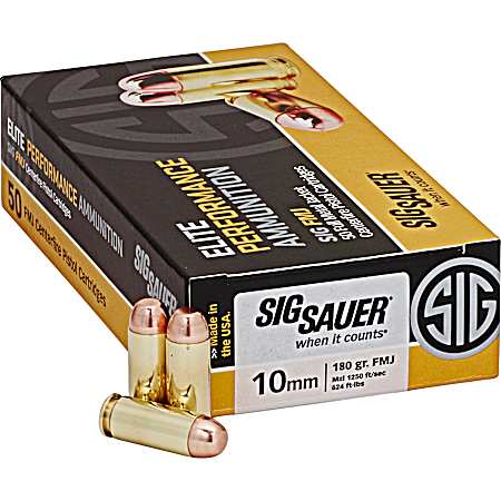10mm Elite Performance Ball 180 Grain FMJ Centerfire Pistol Cartridges - 50 Rounds