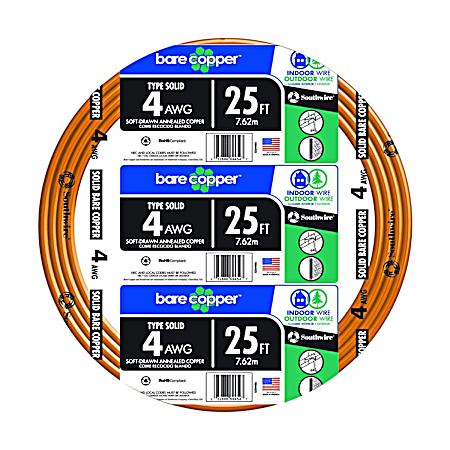 Bare Copper #4 AWG 25' Solid Copper Electrical Grounding Wire
