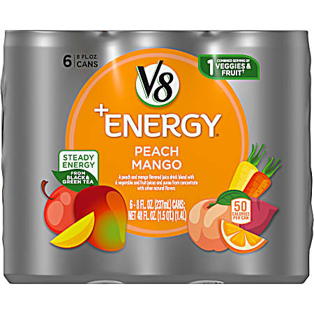 V-Fusion +Energy Peach Mango Vegetable & Fruit Juice - 6 pk