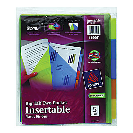 Avery Insertable Big Tab Plastic 2-Pocket Dividers, 5-Tab, 11.13 x 9.25, Assorted, 1 Set