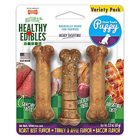 Healthy Edibles Roast Beef, Bacon, & Turkey Puppy Chew Treats - Triple Pk