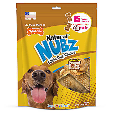 Nubz Large Natural Allergen-Free Peanut Butter Flavor Edible Dog Chews - 15 Pk