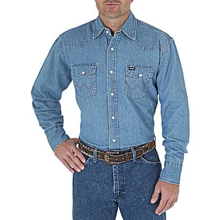 Men's Stonewash Indigo Cowboy Cut Snap Front Long Sleeve Cotton Shirt