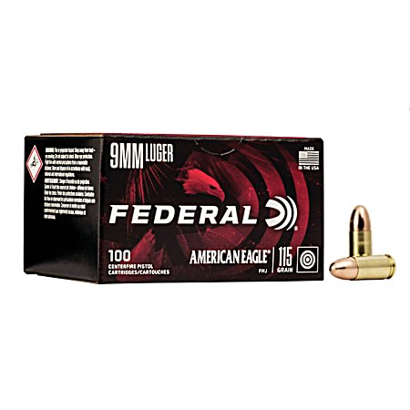 9mm American Eagle 115 Grain FMJ Handgun Cartridges - 100 Rounds