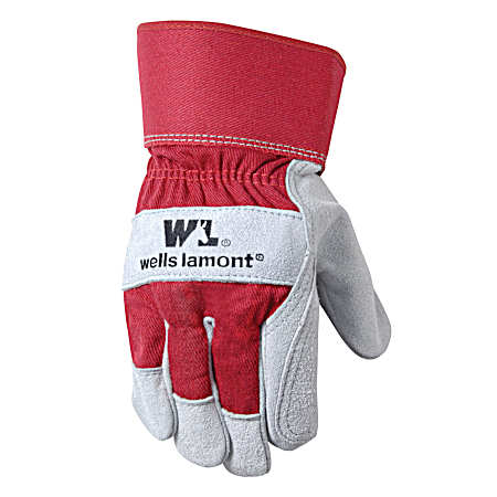 Men's Grey Split Palm Leather Gloves w/ Gauntlet Cuff