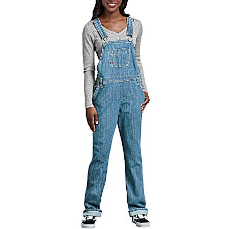 Women's Medium Stone Washed Relaxed Fit Straight Leg Bib Overalls
