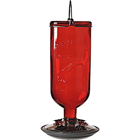 16 oz Red Antique Bottle Glass Hummingbird Feeder