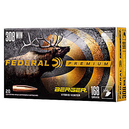 .308 Winchester Premium Berger Hybrid Hunter 168 Grain Centerfire Rifle Cartridges - 20 Rounds