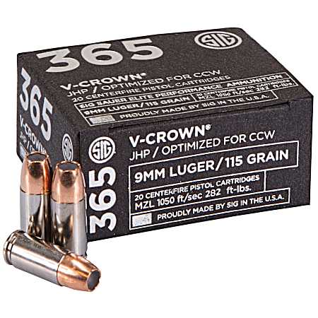 9mm Elite Performance V-Crown P365 115 Grain JHP Centerfire Pistol Cartridges - 20 Rounds