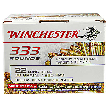 .22 LR Copper Plated Bulk White Box 36 Grain HP Rimfire Cartridges - 333 Rounds