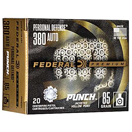 380 Auto Personal Defense Punch 85 Grain JHP Handgun Cartridges - 20 Rounds