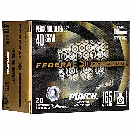 .40 S&W Personal Defense Punch 165 Grain JHP Handgun Cartridges - 20 Rounds
