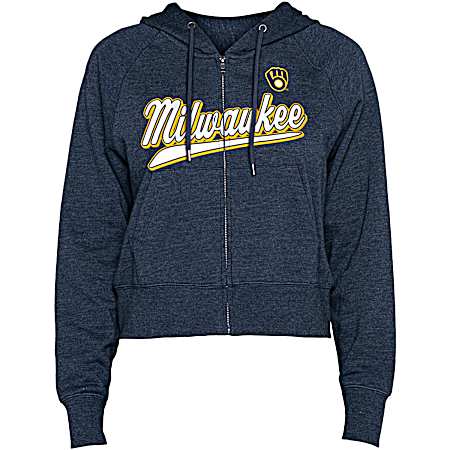 Women's Milwaukee Brewers Navy Heather Hooded Full Zip Long Sleeve Jacket