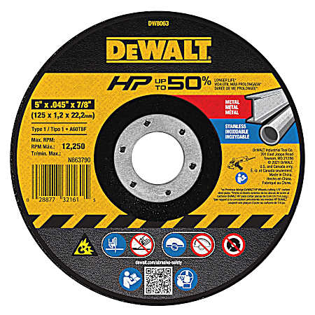 DEWALT DW8063 5-Inch by .045-Inch by 7/8-Inch A60T Abrasive Metal/INOX Cutting Wheel