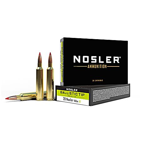 .28 Nosler 160 Grain Ballistic Tip Hunting Rifle Cartridges - 20 Rounds