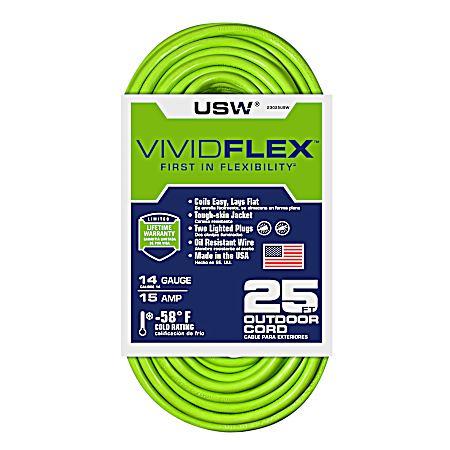 VividFlex 14/3 SJTOW Green Extension Cord w/ 2 Lighted Plugs