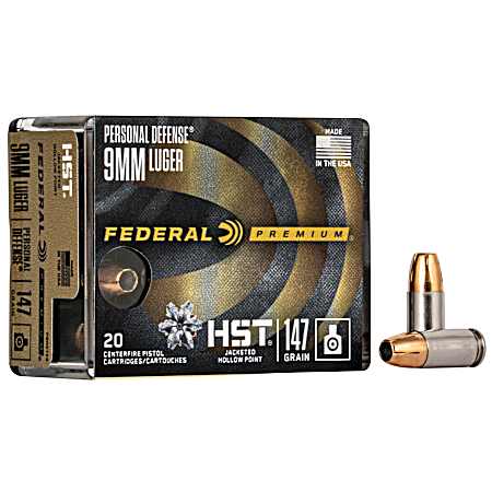 9mm Luger Personal Defense HST 147 Grain JHP Cartridges - 20 Rounds