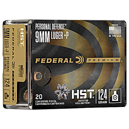 9mm Luger Personal Defense HST +P 124 Grain Handgun Cartridges - 20 Rounds