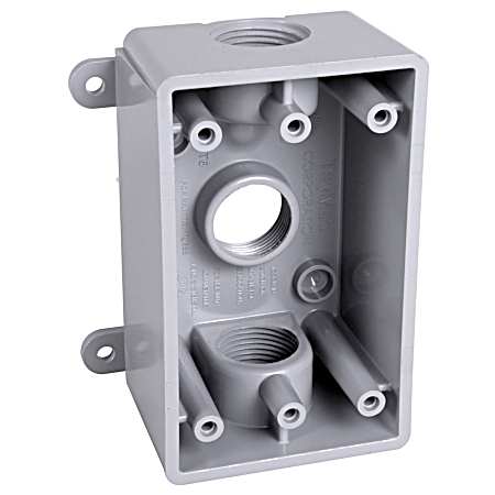 1-Gang Weatherproof Box, Three 1/2 in or 3/4 in Threaded Outlets, Gray