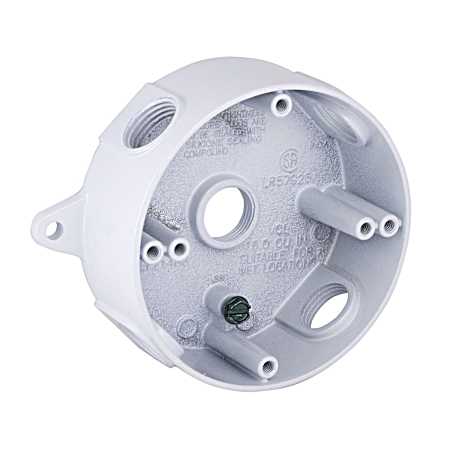 Round Weatherproof Box, Five 1/2 in. Threaded Outlets, White