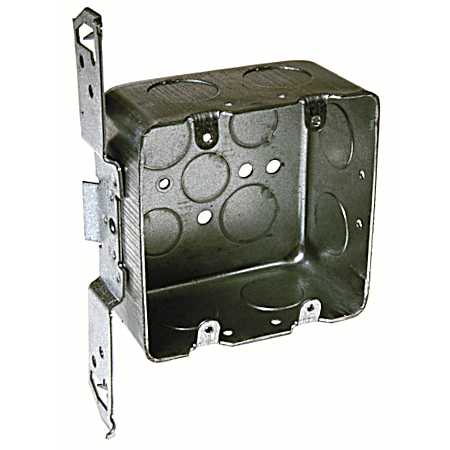 4 in. Square Box, 2-Device Switch Box, Drawn, 2-1/8 in. Deep, Three 1/2 & Eight 3/4 in. KO's, TS Bracket