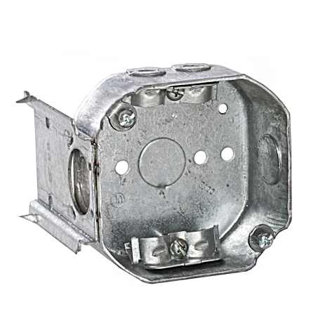 4 in. Octagon Box, Drawn, 1-1/2 in. Deep, Three 1/2 in. KO's & NMSC Clamps, J Bracket