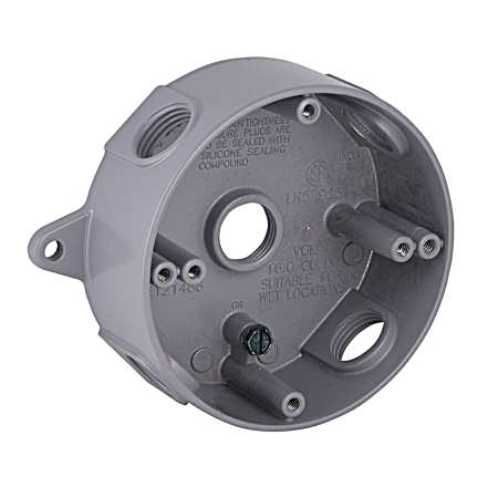 Round Weatherproof Box, Five 1/2 in. Threaded Outlets, Gray