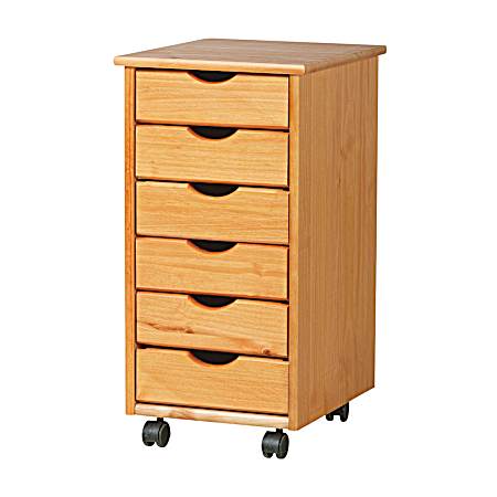Medium Pine 6-Drawer Solid Wood Mobile Storage Cart