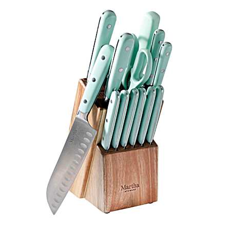 Green Stainless Steel Cutlery Set w/Acacia Wood Block - 14 Pc
