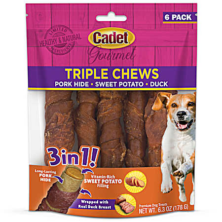 Gourmet Triple Chews Pork Hide/Duck/Sweet Potato 3-in-1 Dog Chews - 6 Pk