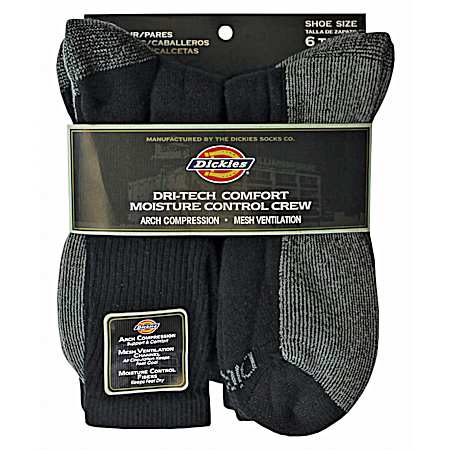 Men's Dri-Tech Black Crew Socks - 6 Pk