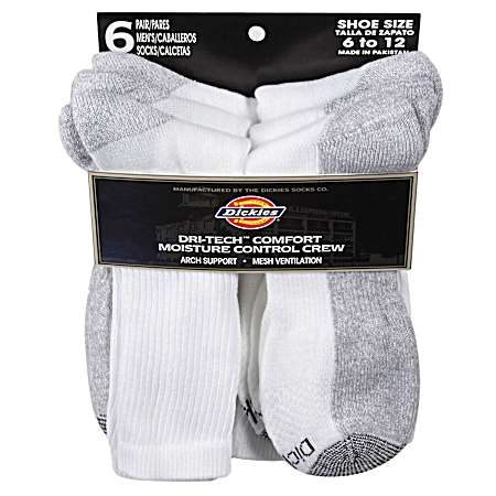 Men's Dri-Tech White Crew Socks - 6 Pk