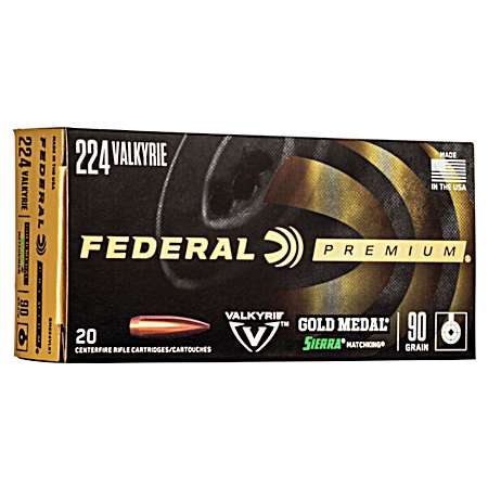 .224 Valkyrie 90 Gr Gold Medal Sierra MatchKing Centerfire Rifle Cartridges - 20 Rds