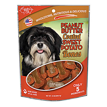 12 oz Peanut Butter Coated Sweet Potato Bones Dog Treats