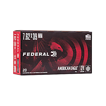 7.62x39 American Eagle 124 Grain FMJ Centerfire Cartridges - 20 Rounds