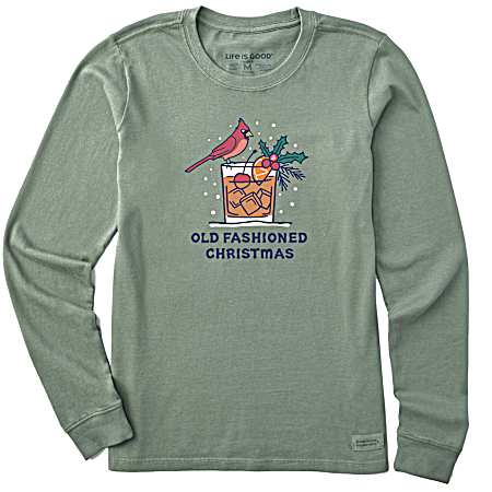 Women's Moss Green Old Fashioned Christmas Cardinal Long Sleeve Shirt